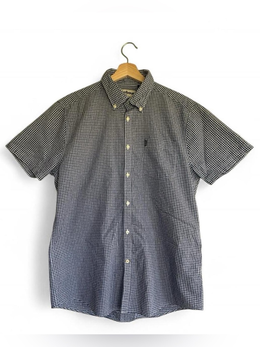 Barbour Tailored Fit Hector Button Down Shirt S Gingham Check Short Sleeve Navy